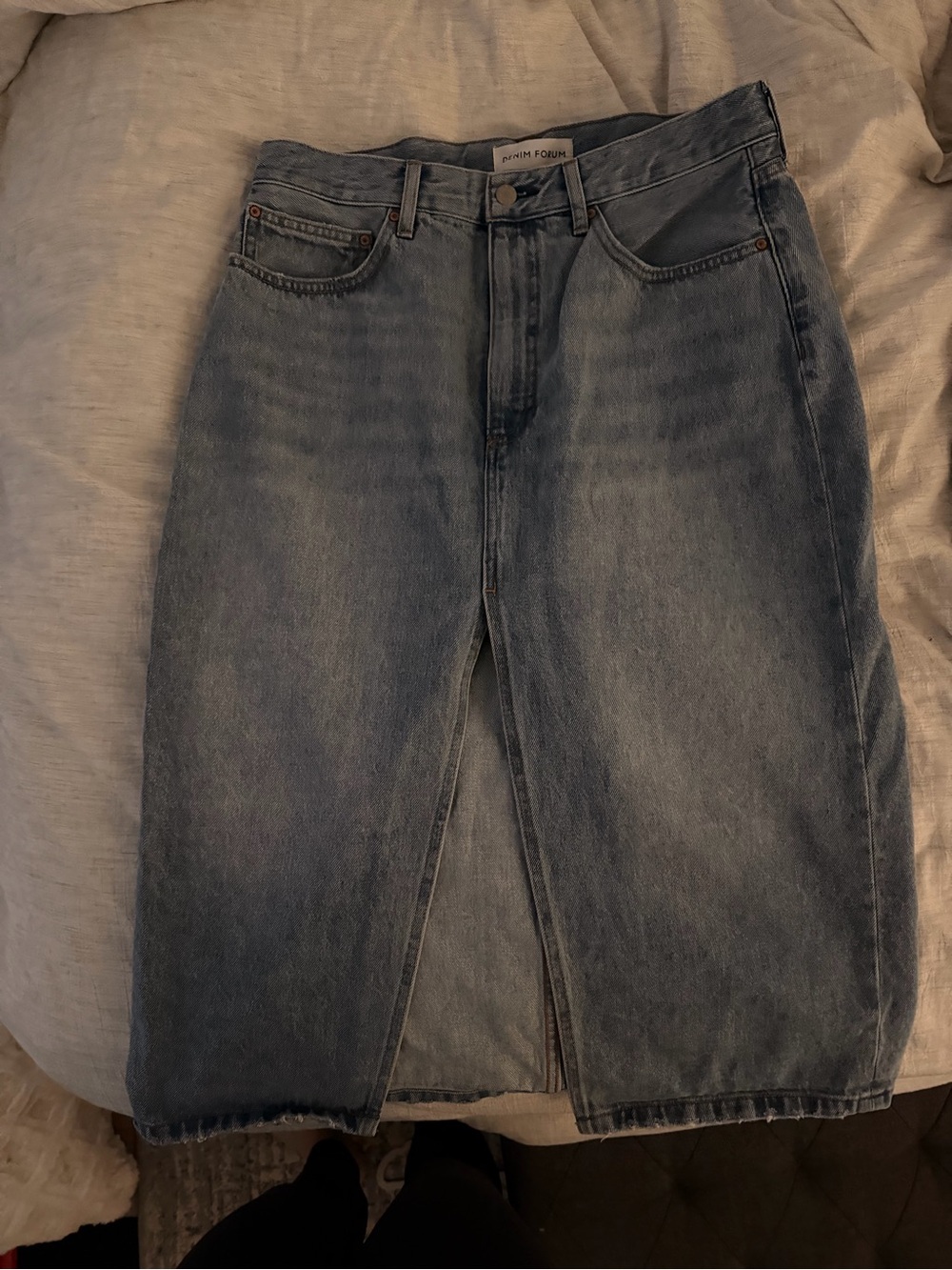 Aritzia Denim Midi Skirt in Washed Blue with Front Slit